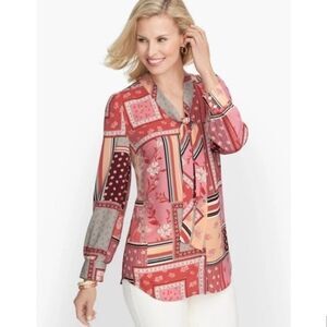 TALBOTS Pink Patchwork Artsy Floral Chic Tie Neck Long Puff Sleeve Blouse Top